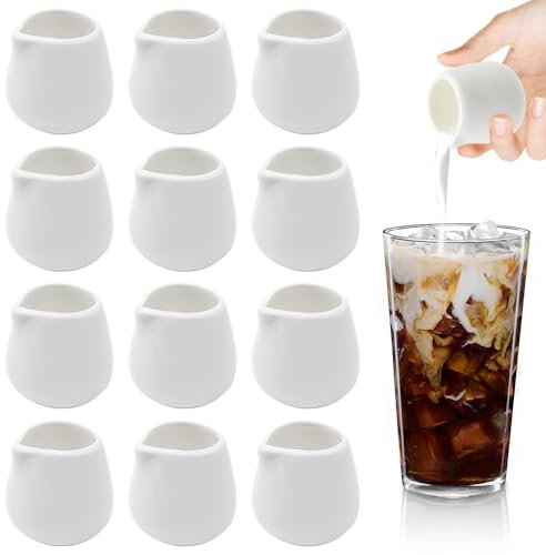 KUWUNG 50ml White Ceramic Milk Jug - Mini Creamer and Sauce Pouring Container Without Handle for Coffee, Tea, Gravy, Custard - 12 Pieces