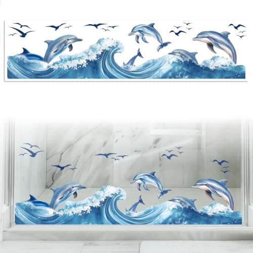 Peacoblue Fensteraufkleber 120x30cm,Wellen und Delfine Fensterbilder Deko | Doppelseitiger statischer Fenstersticker selbstklebend,Wasserfest und abnehmbar für Klassenzimmer,Glasfenster Dekoration