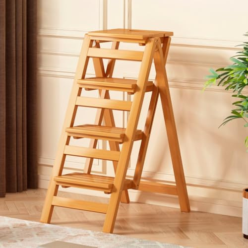 Library Stool, Kitchen Chair Stool with Fold Out Steps Retro, 4-Step Wooden Folding Ladder, Portable Step Stool for Adults, Vintage Step Stool for Home, Garden