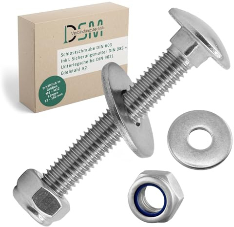 DSM – Schlossschrauben M6 x 35 mm SET DIN 603 – je 50 Stück Edelstahl A2 | inkl. M6 Sicherungsmuttern DIN 985 & Unterlegscheiben DIN 9021 [TrueSpec] Vollgewinde Flachrundkopfschrauben Torbandschrauben