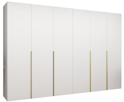 MEBLE KRYSPOL - Kleiderschrank - Drehtürenschrank - Schrank 300 x 202 x 52 cm - Moderner Garderobenschrank Schlafzimmer, Flur, Jugendzimmer - Weiß, Griff Gold - Alicante 1