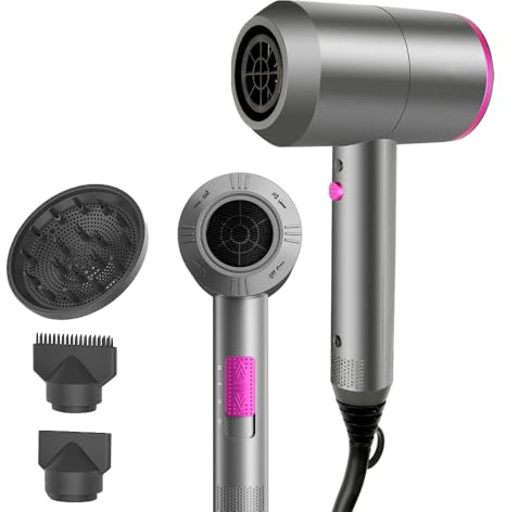 Asciugacapelli agli ioni di litio, motore AC, ad asciugatura rapida, asciugacapelli professionale con 2 velocità e 3 impostazioni di calore, pulsante aria fredda (Grigio)