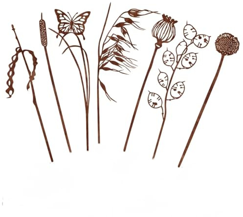Denxahao 7 Stück Gartenstecker Garten Rostdeko Gartendeko Draußen Metall Blumen Pusteblume Blumenstecker Wetterfest Rost Deko,für Outdoor Hof Rasen Garten Dekoration (C-7PCS)