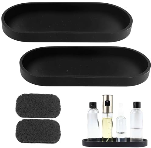 2 Stück Schwarz Badezimmer Tablett,Dekotablett Silikon mit 2 Seifenhalter,Schminktisch Ablageschale, Kosmetik Kleines Oval Tablett für Wohnzimmer, Schlafzimmer, Waschbecken, Badewanne und Küchenspüle