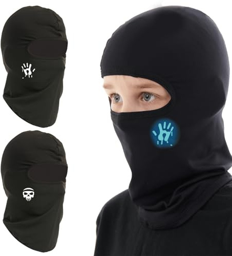 DXPETA 2 Pack Kids Balaclava, Black Balaclava Glow in The Dark, Ski Mask for Boys and Girls, Lightweight Helmet Liner for Skiing Cycling Motorcycling Hiking Running Fishing Travel