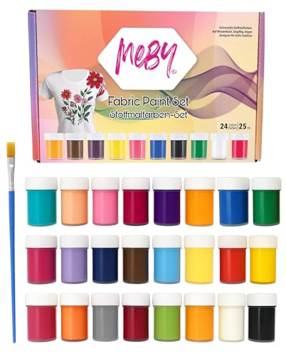 MEBY Textilfarben Set – 24 Farben x 25 ml, Waschfest bis 40°C, für Baumwolle & Stoff, wasserbasiert, schnelltrocknend, für präzise Textilgestaltung