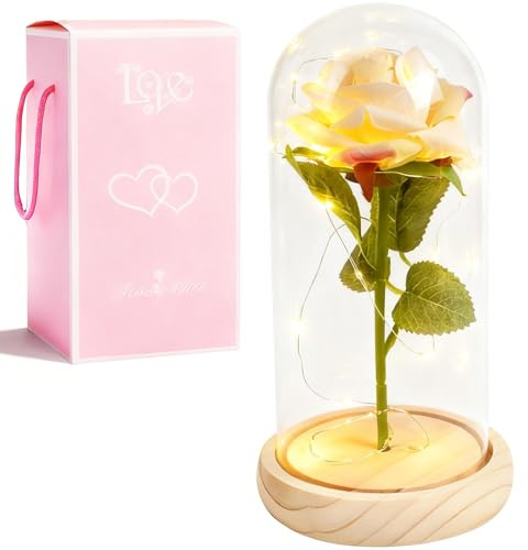 XVZ Skönheten och odjuret Evig ros – blommor gåva för kvinnor, ros under glasklocka med LED och trästativ för mor, fru eller flickvän till jul, alla hjärtans dag eller årsdagar – guld
