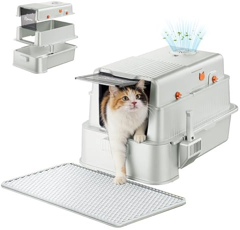 Stainless Steel Cat Litter Tray, XXL Litter Box with 105° Flip Lid, 3-in-1 Metal Kitten Litter Tray with Fresh Air Deodorization System, High Sided Pet Toilet with Litter Deodorizer, Scoop, Mat
