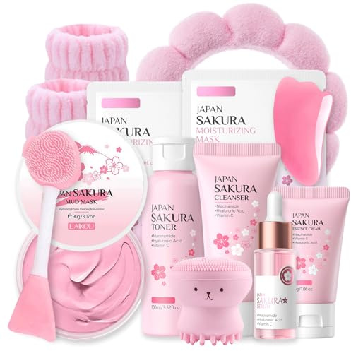 Sakura Gesichtsreinigung Skincare Set, 12PCS Rosa Beauty-Geschenksets, Cleanser,Toner,Creme, Reinigend-Pamper-Geschenkset, Schlammmaske, Haarband, Handgelenk-Waschband, Euchtigkeit & Pflege