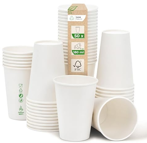 Love Nature Kaffemugg vit, 180 ml 180 ml – pappersmugg, 50 stycken – Coffee to go-kopp, engångsmugg för servering av kaffe, te, varma och kalla drycker