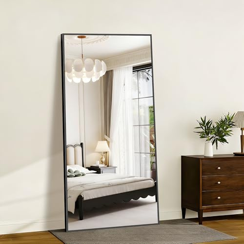 KOCUUY Rechteckig Ganzkörperspiegel, 180 x 86 cm Großer Standspiegel, Groß Wandspiegel mit Schwarz Aluminium Rahmen, Hängend, Stehend, Kippbar, für Wohnzimmer, Schlafzimmer und Flure