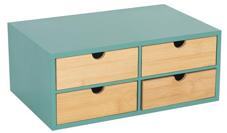 Relaxdays Schreibtisch Organizer, 4 Schubladen, mint/natur | für Büroutensilien, HxBxT: 14 x 33 x 21 cm, Bambus & MDF