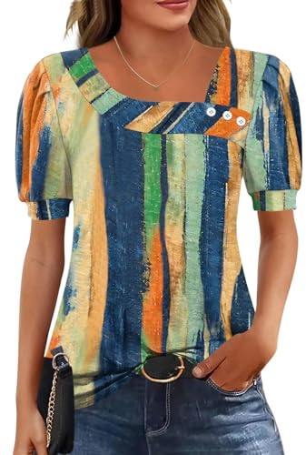 Rapbin Ladies Tops Puff Short Sleeve Blouses Elegant Asymmetrical Neck Tunic Buttons T Shirt Ladies Summer Women Tops for Leggings Orange and Blue Stripes M
