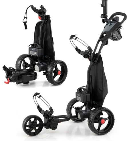 COSTWAY Carro Golf Electrico, Carrito de Bolsa de Golf Plegable de 3 Ruedas con Asa Ajustable y 9 Ajustes de Velocidad, Soporte para Sombrilla, Portavasos, Bolsa Nevera y Puerto USB