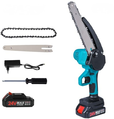 Mini Tronconneuse a batterie 24V, Tronconneuse Electrique Sans fil 800W, 2 batteries, Guide-chaîne 8 Pouces, pour la Coupe des Branches et l’entretien de Jardin