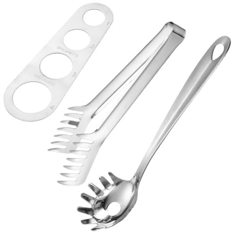 Veemoon Ensemble 3 Pièces pour Pâtes en Acier Inoxydable Alimentaire, Règle de Mesure Spaghetti, Pince et Louche, Ustensiles Cuisine Robustes pour Maison, Barbecue et Restaurant