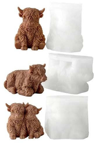 3 Stück 3D Hochlandkuh Silikonform, Niedliche Kuh Silikon Kerzenformen Gießform Für Kerzen Und Harz, Wiederverwendbare Tierform Epoxidharz Form Für DIY-Gips, Seife, Landhaus-Dekoration
