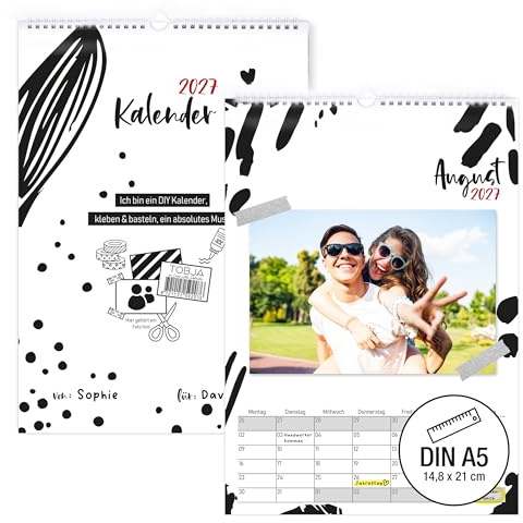 TOBJA® DIN A5 Bastelkalender 2027 Ink Schwarz-Weiß zum Selbstgestalten – Modernes Design, 250g FSC-Papier klimaneutral, Ringbindung – Pärchen Geschenk DIY Foto-Kalender