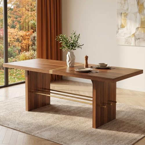 Merax Table à manger 180 x 75 x 75 cm – Plateau de table de 4 cm d'épaisseur, aspect noyer avec accents dorés, traverses dorées, pour 6 à 8 personnes, design moderne, montage facile, couleur bois