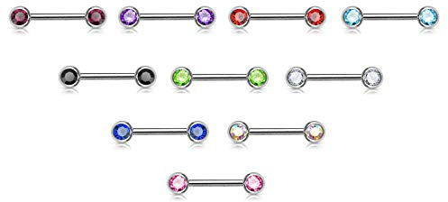 Paula & Fritz® Brustwarzen-piercing 16mm lang Brustpiercing Intimpiercing Nippelpiercing Hantel Barbell Zirkonia 10 Farben BS32-1416-10er