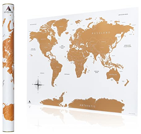Asquare Hochwertige Rubbel Weltkarte 84x58cm - XXL Poster zum Freirubbeln, mit Rubbelchip - Rubbelkarte Welt gold, weiß - Scratch Off Map (84 x 58 cm, Deutsch - Weiß/Gold)