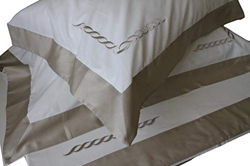 RICAMI FIORENTINI BALDI Completo Lenzuolo sopra + sotto + federe, Cotone 100%, Balza in Raso e Ricamo. Prodotto Artigianale Toscano. (Matrimoniale Super Maxi, Beige)