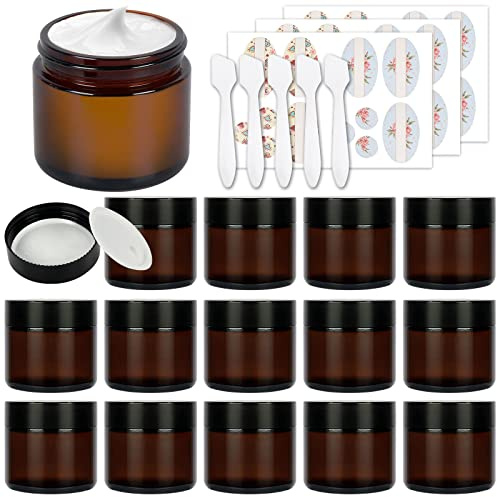 Betrome Lot de 15 pots ronds en verre ambré vides pour cosmétiques, crème pour le visage, lotions avec doublure intérieure blanche et couvercles noirs 56,7 g