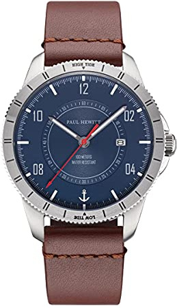 Armbanduhr Paul Hewitt Tide Runner – PHW510012 Wasserdicht 10 ATM, Armband aus braunem Leder, Stahlgehäuse und blaues Zifferblatt