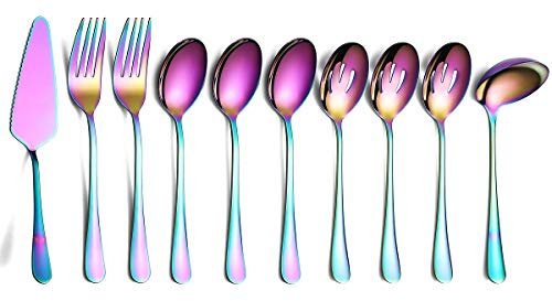 Homquen Regenbogen 10-Teiliges Serviergeschirr Besteckset, Servierutenset aus Edelstahl, mit Geschlitztem Servierlöffel, Servierlöffel, Kuchenserver, Serviergabel, Suppenkelle
