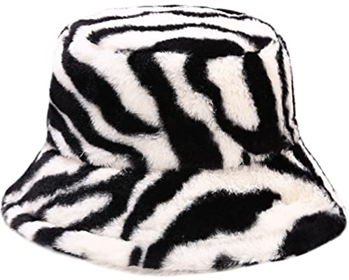 Malaxlx Damen Streifen Schwarz Weiß Plüsch Fischerhut Wintermütze Flauschige Bucket Hat Warme Anglerhut