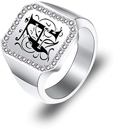 MeMeDIY Herren Siegelring Edelstahl, Personalisierter Foto Initiale, Punk Biker Ringe in Silber Ton, Hip-Hop Schmuck mit Zirkonia, Männer Geschenke zum Geburtstag Valentinstag (Initialen, Größe 60)
