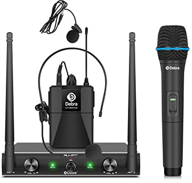 Debra AU200 Funkmikrofon Set 2-Kanal UHF Wireless Mikrofon-System mit Handmikrofon & Bodypack – Ideal für Kirche, Karaoke, Gesang, DJ（1 Handmikrofon & 1 Bodypack）