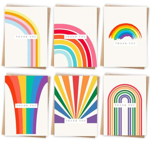 Giftinghouse 12 Thank You Teacher Cards Multipack with Envelopes - 6 Rainbow Designs. 10 x 15 cm. Blank Inside for Teachers, Wedding, Kids. Made in the UK