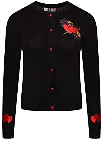 Ro Rox Cardigan Coeur Leana Rockabilly Broderie Tricoté Manches Longues, Noir, 4XL