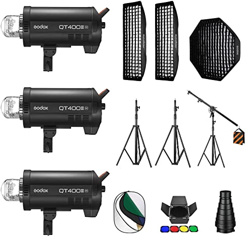Godox 3 Pack QT400IIIM 1200Ws 2.4G TTL Speedlite Studio Flash Strobe Light Bowens Mount Kit,GN65 1/8000s HHS,Recycle in 0.01-0.9 Sec for Studio Shooting, Location and Portrait Photography