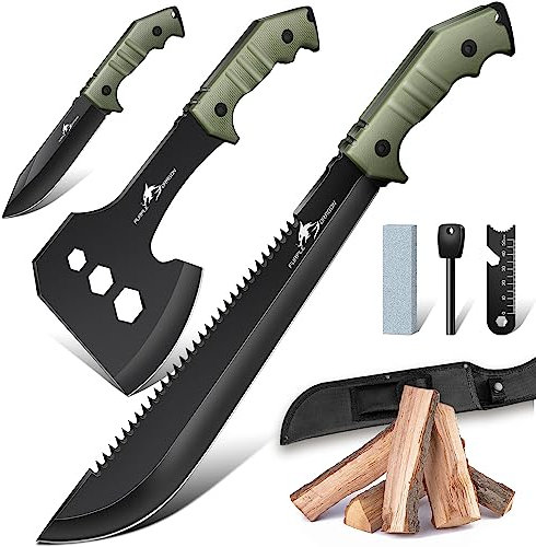 Purple Dragon Großes Messer Outdoor Beil Axt Set mit Scheide, Full Tang Spaltaxt aus einem Stück D2 Stahl gefertigt, Camping Survival zum Sägen von Holz, Jagdmesser Geschenke für Männer