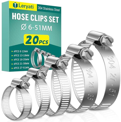 20 Pcs Hose Clips, Leryati Adjustable 6-51mm Set Range Small Hose Pipe Clips Clamps, 304 Stainless Steel Hose Screws Clips Worm Drive Pipe Clamps Clip for Workholding Devices Tube Pipe Clamps- 5 Sizes