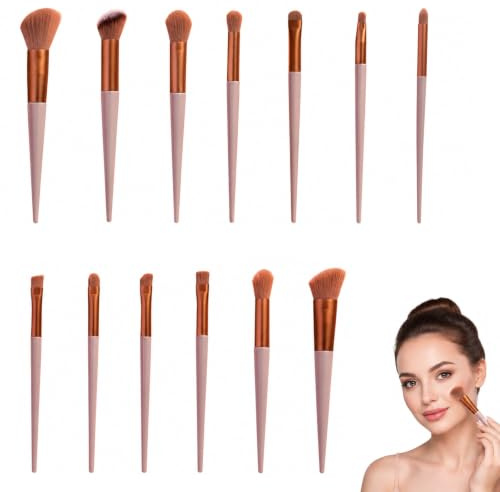 Eowppue Brochas De Maquillaje 13 Piezas Juego De Brochas De Maquillaje para Base Facial Colorete Corrector Sombra De Ojos（Rosado con Bolsa Franela Almacenamiento）