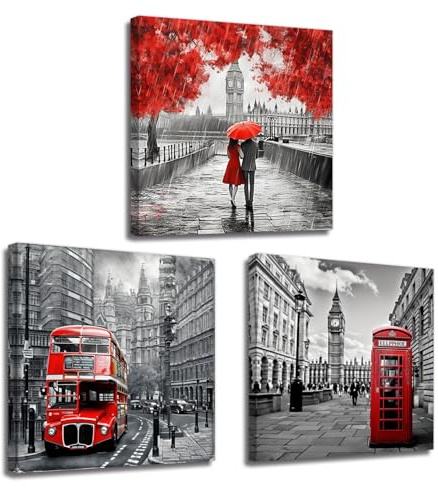 LZIMU Schwarz weißes und rotes Bild auf Leinwand romantisches Paar mit Regenschirm London Big Ben Berliner Straße Leinwandbild Jubiläum Wanddekoration Gerahmt(3, 30x30cmx3 Stück)