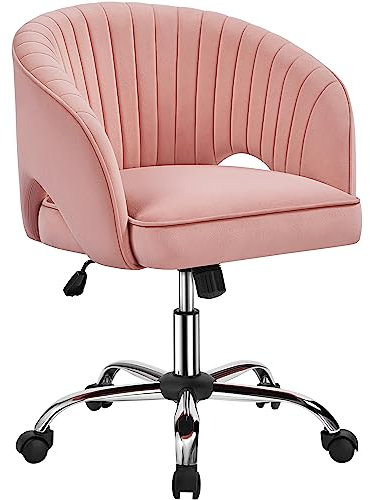 Yaheetech Schminkstuhl mit Samtbezug, Schreibtischstuhl mit Armlehnen, Drehstuhl mit Rollen, Höhenverstellbar Homeoffice Stuhl, Bürosessel mit Schaukelfunktion, drehbar Polsterstuhl Rosa