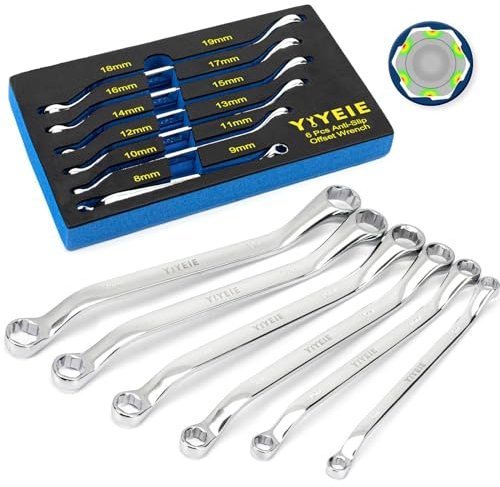 YIYEIE 6 Pc. Bolt Extractor Wrench Set, Metric 8-19mm, 6 Point Box End Wrench Set with 45° Offset, CR-V Steel, Stripped & Rounded Bolt Remover Wrench with EVA Foam