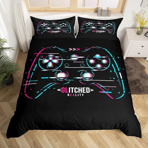 Gamepad Ensemble de Literie pour Garçons 220x240 Moderne Gamer Housse de Couette Jeu Parure De Lit Enfants Boutons Colorés Imprimé Housse Couette Doux Microfibre Couvre-Lit pour Garçon Chambre,Noir