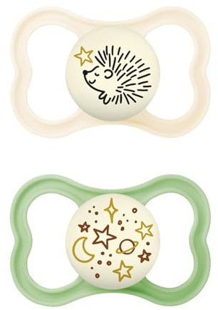 MAM Supreme Night Schnuller im 2er-Set, leuchtender Babyschnuller für eine gesunde Zahn- und Kieferentwicklung, beugt Hautreizungen vor, mit Schnullerbox, 16+ Monate, Vogel/Universum