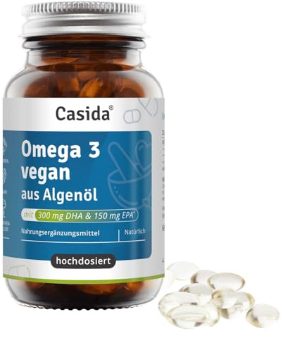Casida Omega 3 Kapseln vegan aus Algenöl - Hochdosiert mit hochwertigem EPA und DHA (in Triglycerid-Form) - für Veganer, nachhaltig und vor Natur aus schadstoffarm 60 Kapseln - Aus der Apotheke