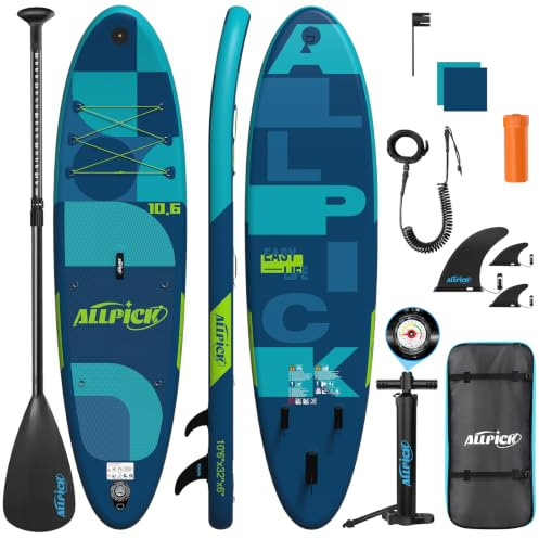ALLPICK Stand Up Paddling Board Aufblasbar, SUP Board Set, 200kg | Universal Kamerahalterung, Komplettes Zubehör, Verstellbares Paddel, Anfänger, Fortgeschrittene