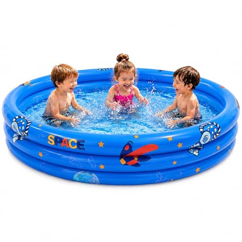 Paddling Pool for Kids, 130cm Inflatable Kids Swimming Pool with Soft Bubble Floor, 3 Ring Paddling Pool, Space Theme Toddler Pool for Garden, Backyard, Outdoor Summer Water Play