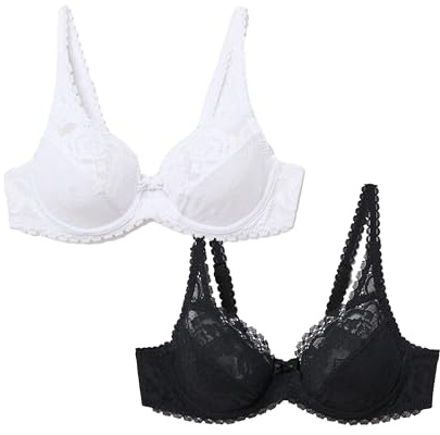 Playtex Flower Elegance Lot de 2 Soutiens-Gorge à Armatures en Dentelle Femme x2, Blanc/Noir, 110D