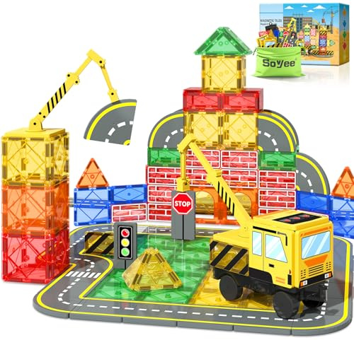 Carreaux magnétiques – Blocs de construction magnétiques – Camion grue – Jouets de construction STEM pour enfants de 3, 4, 5, 6, 7, 8 ans, garçons et filles, cadeaux d'anniversaire et de Noël