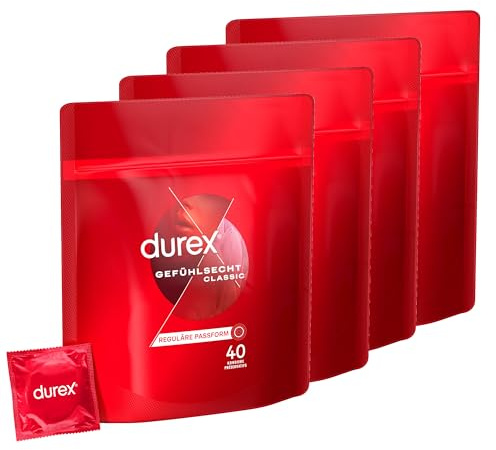 Durex Gefühlsecht Classic Kondome – Dünne Kondome mit anatomischer Easy-On-Form & mit Silikongleitgel befeuchtet – 160er Pack (4 x 40 Stück)