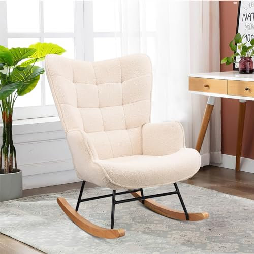 LLODERY Schaukelstuhl Sessel Relaxsessel mit Armlehnen, Schaukelstuhl gepolstert Teddy-Stoff, Bequemer Seitenstuhl Schaukelakzent, Liegestühle Rückenlehne für Schwingsessel Wohnzimmer Schlafzimmer